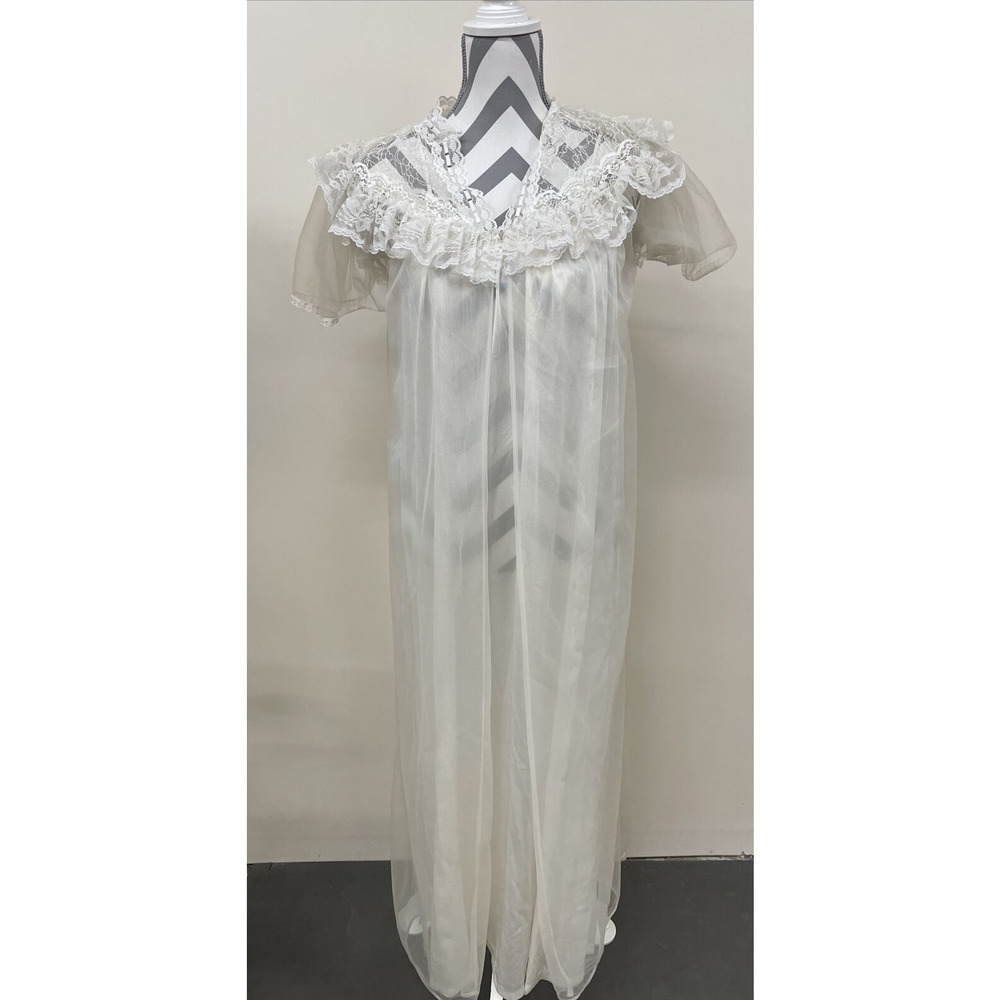 Vintage Spotlight Shimmering Ultra Sheer Chiffon Peignoir Robe Small Nylon Lace